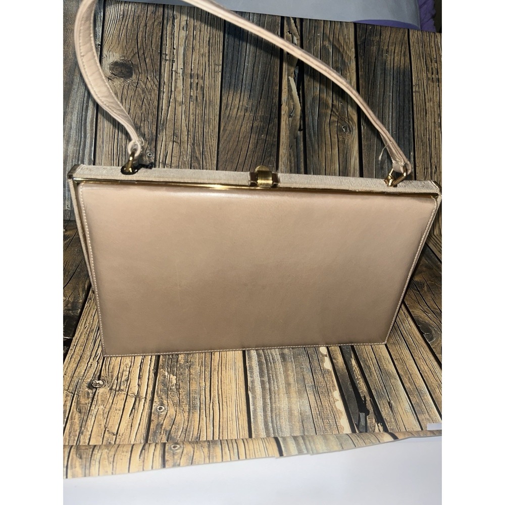 Vintage Nicholas Reich Tan Leather Grosgrain Trim Handbag Gold Tone Clasp Bag